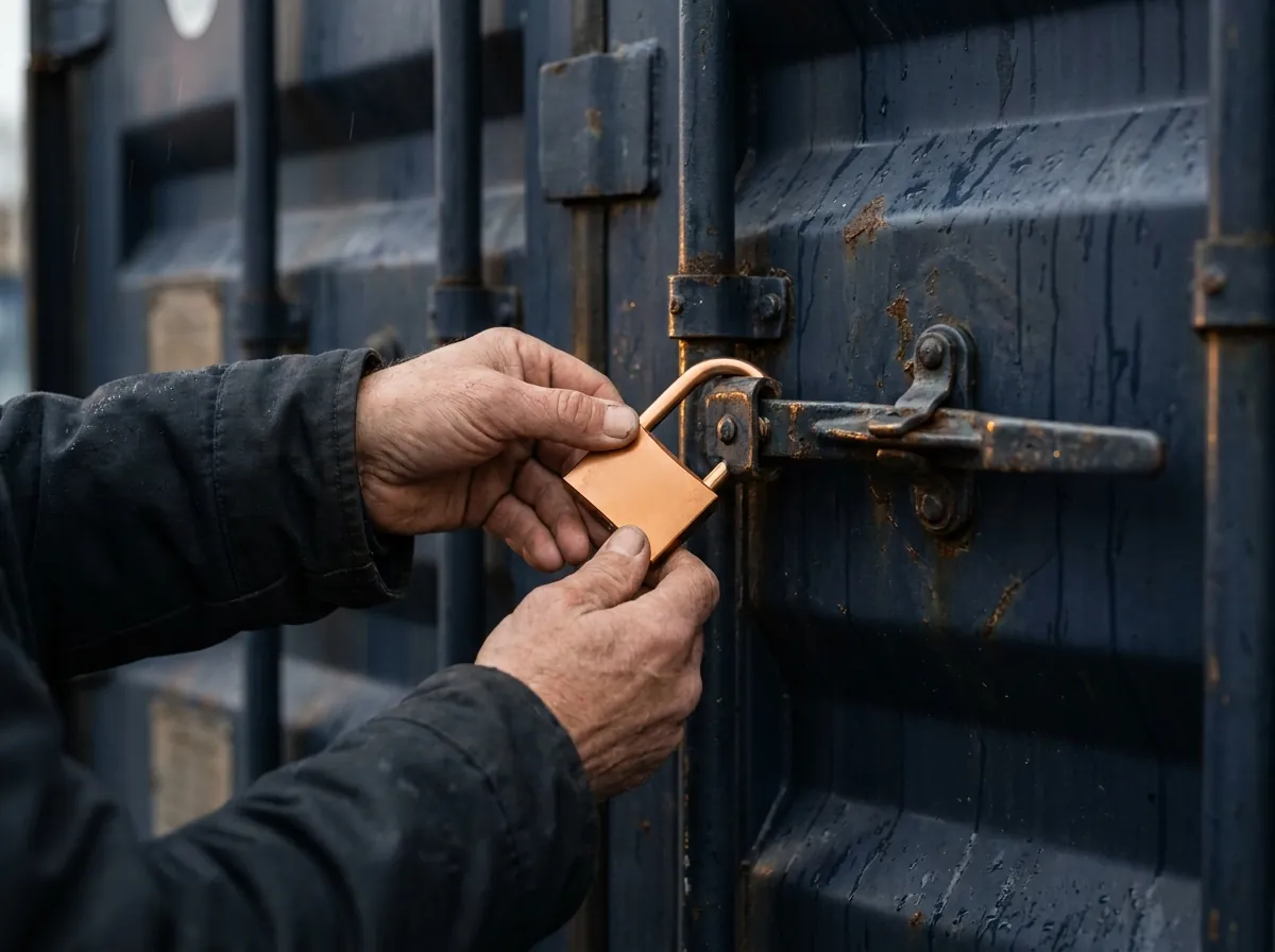 Hände verschließen ein Siegel am Verschlussriegel einer verwitterten Containertür