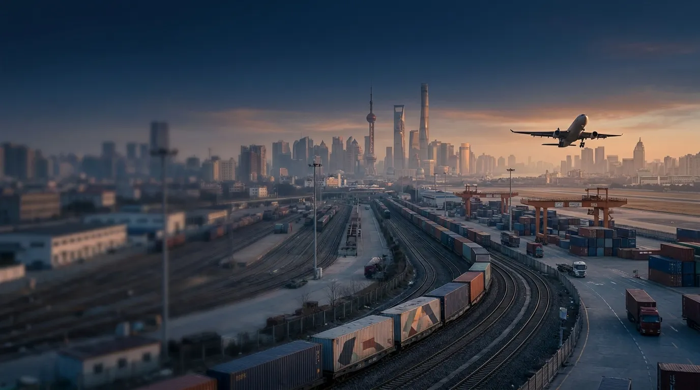 Fracht auf dem Weg zu einer chinesischen Metropole bei Sonnenuntergang