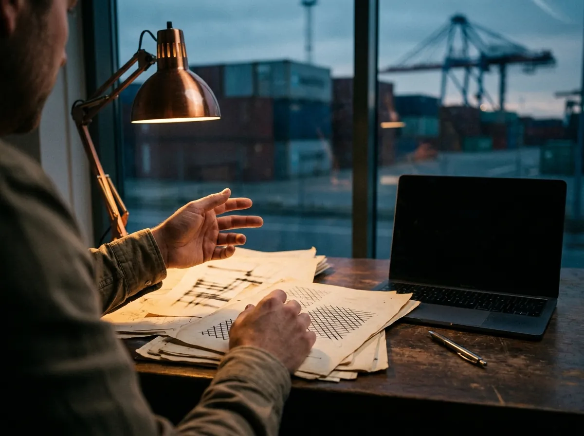 Frachtpapiere und eine Zolltarif-Tabelle auf dem Schreibtisch, Containerterminal durch das Fenster