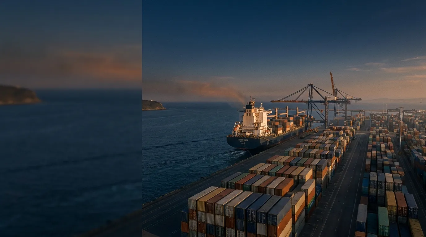Containerschiff verlässt bei Sonnenuntergang einen Überseehafen mit gestapelten Frachtcontainern