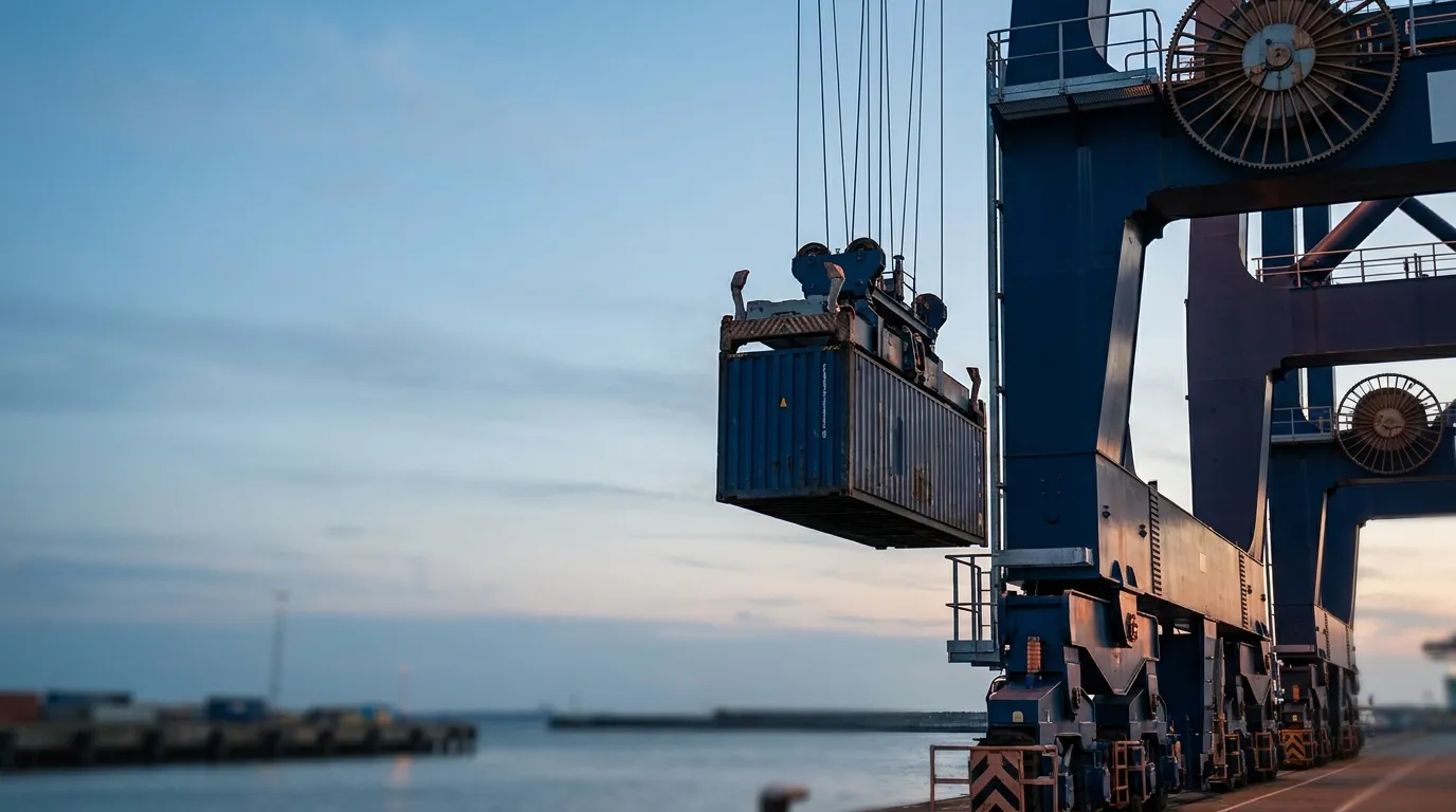 Hafenkran hebt einen Frachtcontainer vor ruhigem Himmel