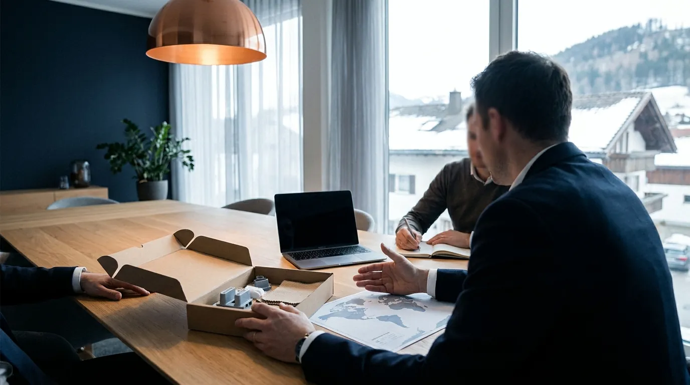 Kunde und Berater am Salzburger Besprechungstisch arbeiten an Produktmustern, Laptop und Frachtroute
