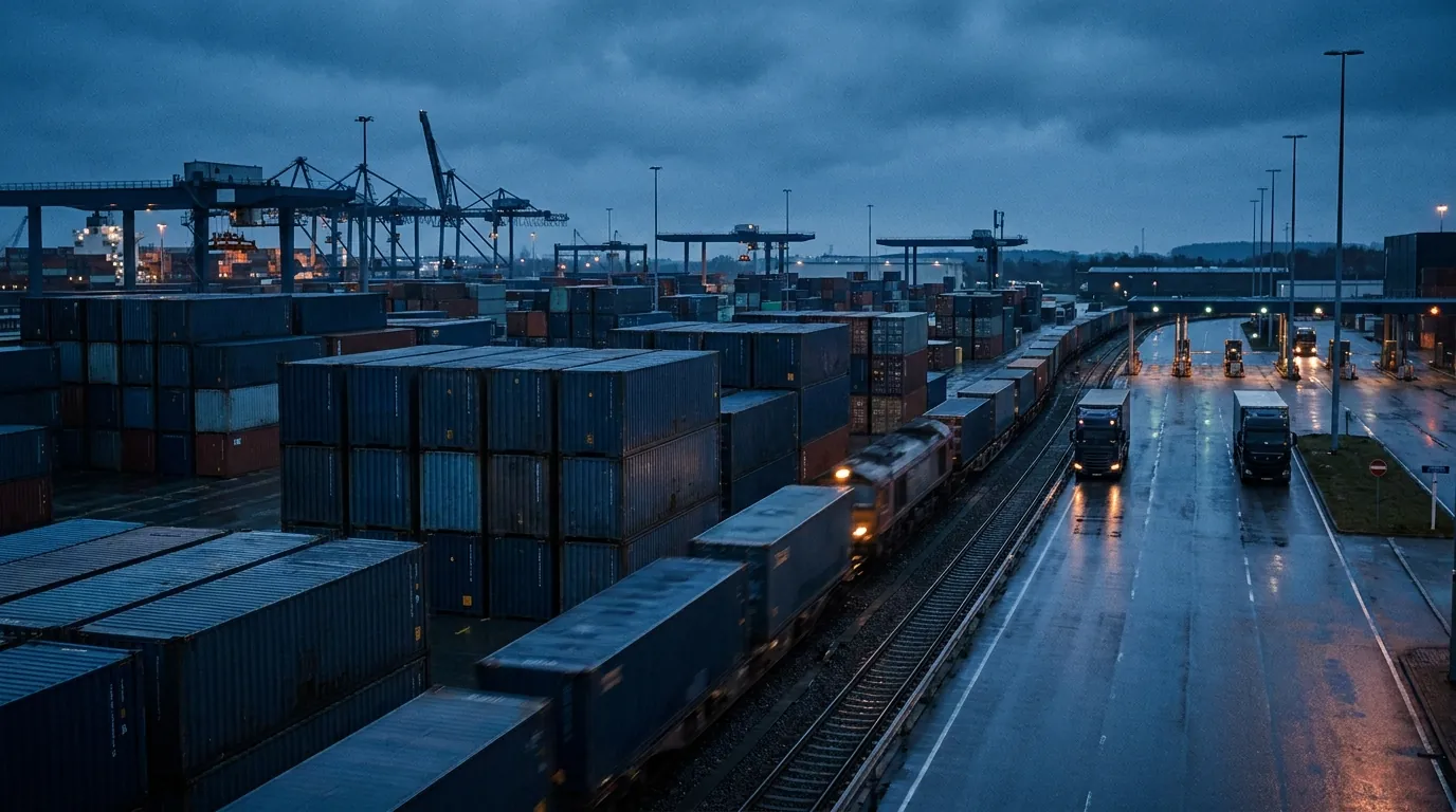 Umschlagterminal zur blauen Stunde mit gestapelten Containern, Containerzug und Lkw am Tor