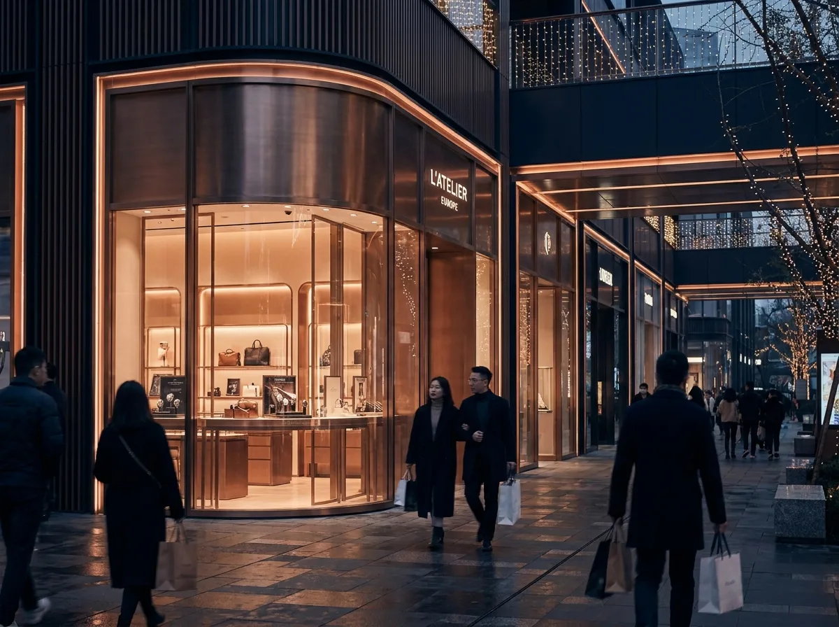 Europäische Premium-Boutique in einem modernen chinesischen Einkaufsviertel am Abend