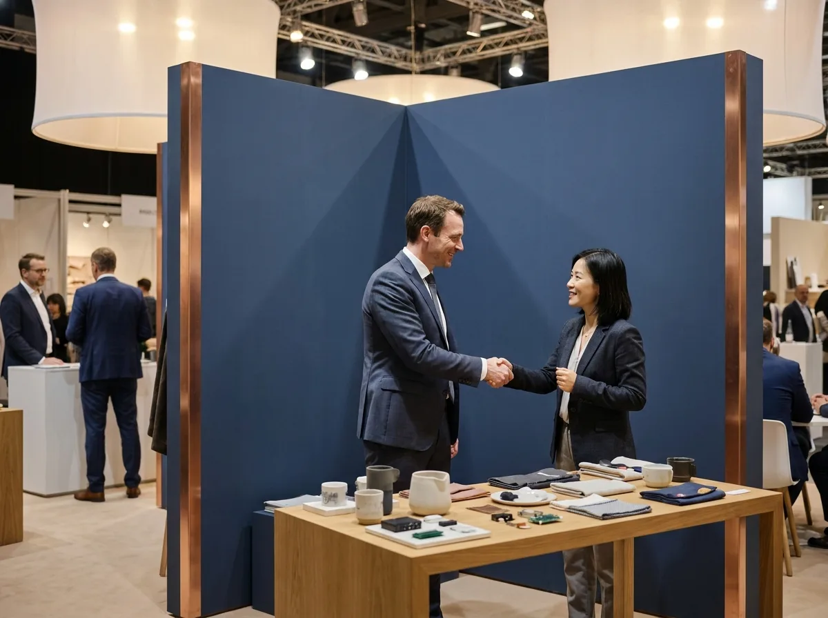 Europäische und chinesische Geschäftspartner beim Handschlag am Messestand