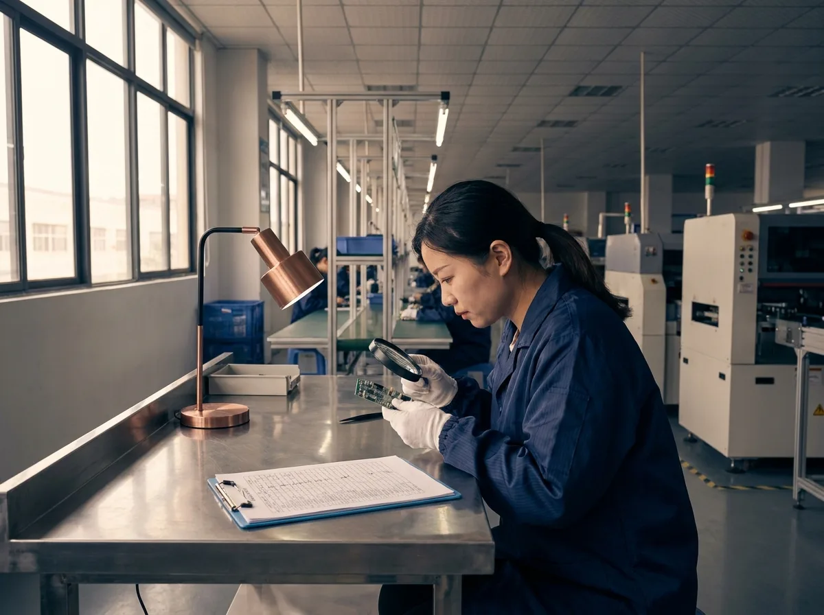 Qualitätsprüferin kontrolliert ein Produktmuster am Werkstisch in China