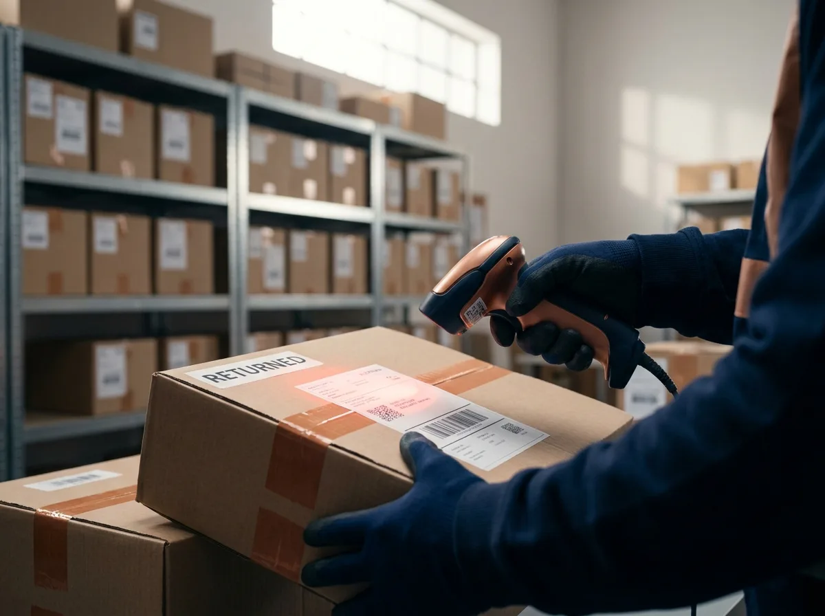 Mitarbeiter scannt ein Retourenpaket im aufgeräumten Fulfillment-Lager