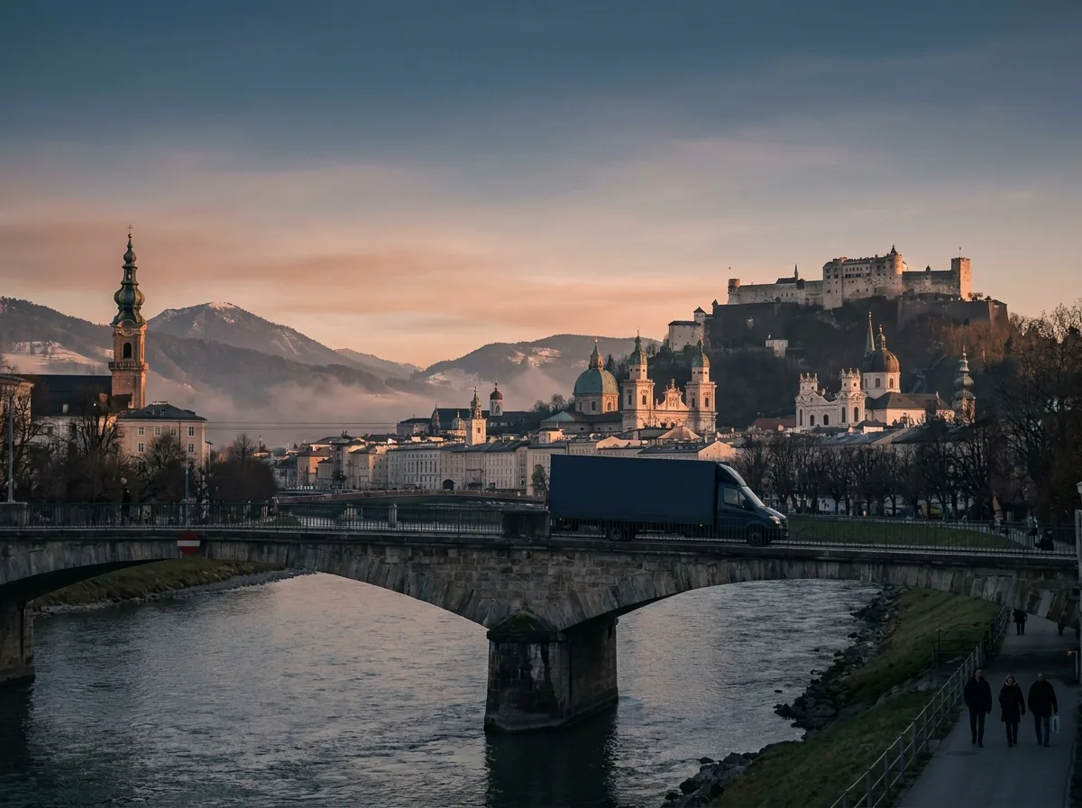 Salzburg mit Festung Hohensalzburg und Salzach im Morgenlicht, ein Lieferwagen überquert die Brücke