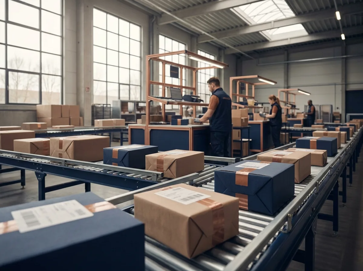 Pakete laufen über ein Förderband zur Versandstation im Fulfillment-Center